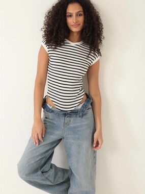 Zara NewStriped Bodysuit with Cap Sleeves in Black/White NWT